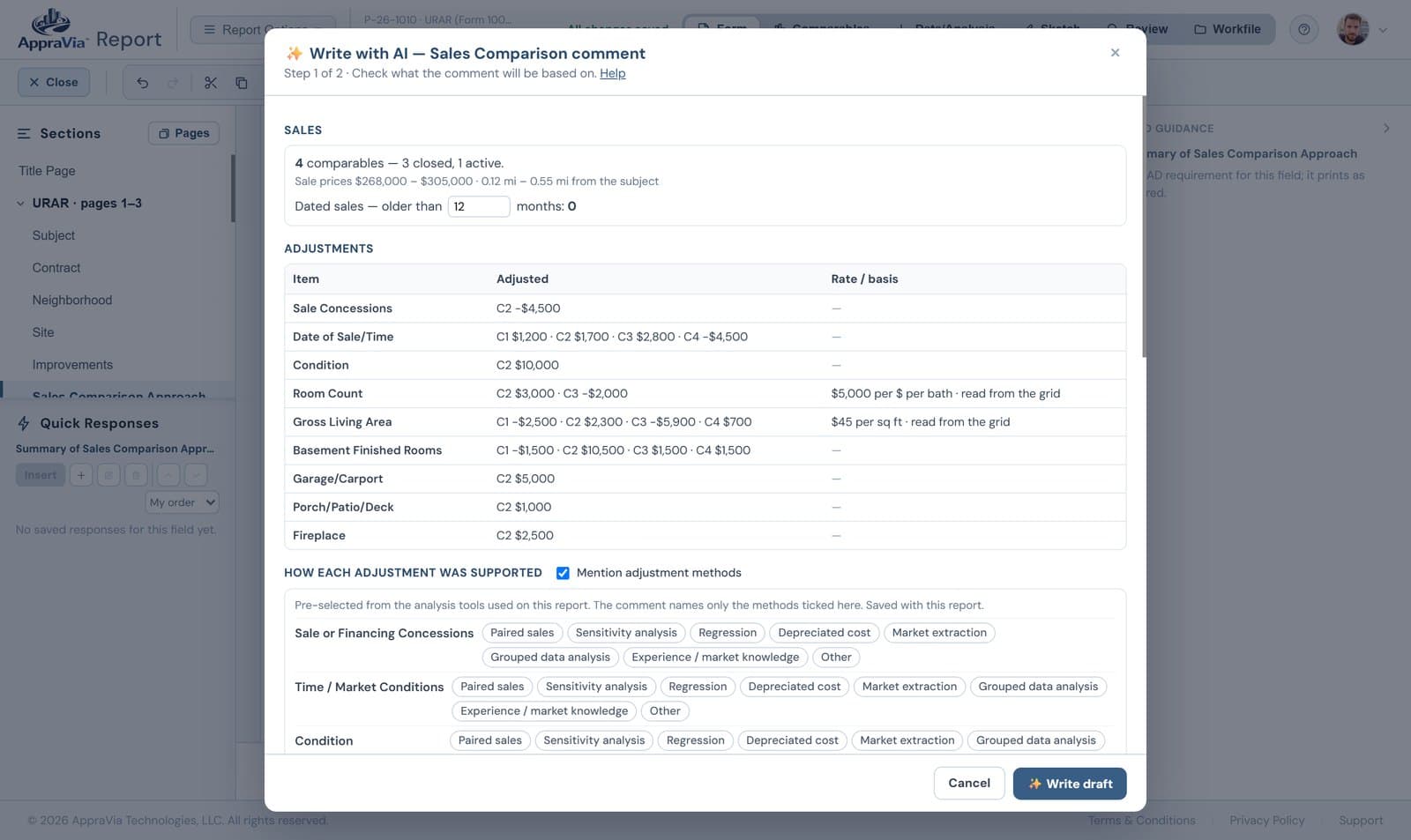 Write with AI: the sales, adjustments and support methods a Sales Comparison comment will be based on